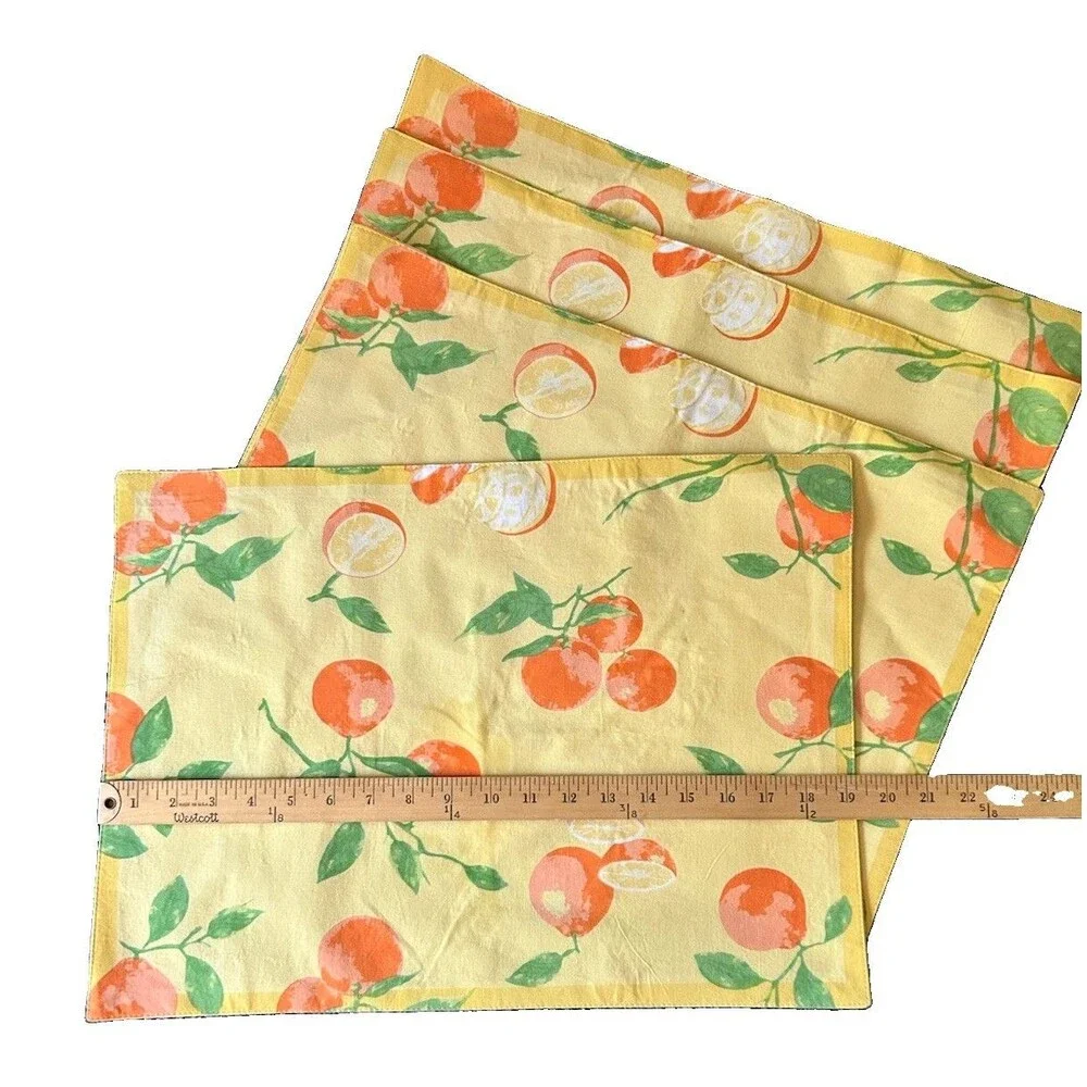 Oranges Placemats Xochi Made in India Vintage Set of 4 Orange Yellow Green Stems